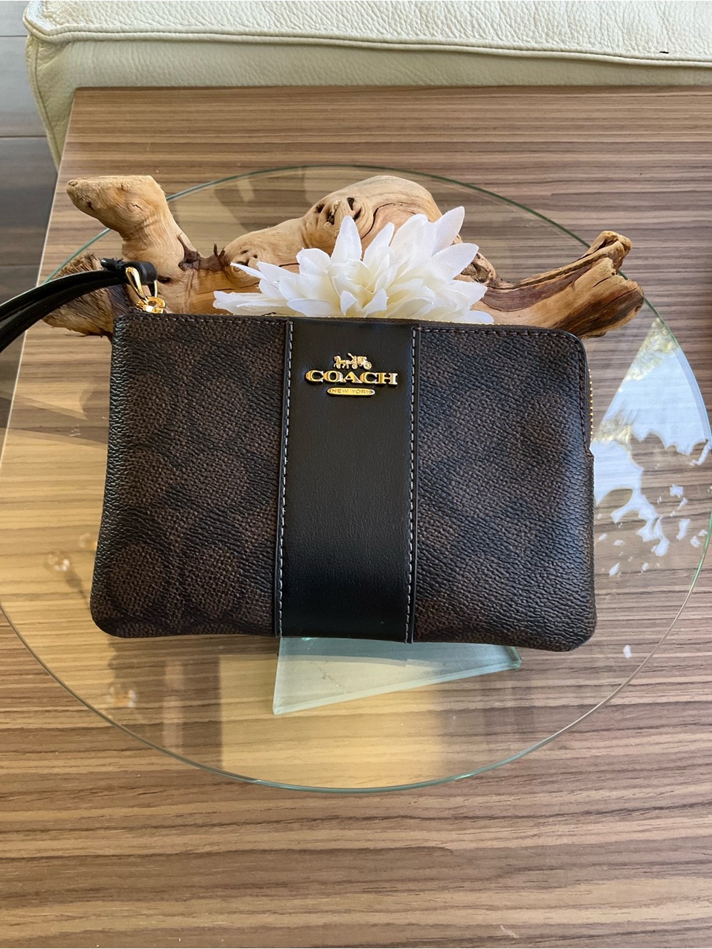 COACH Brown Signature Wristlet with Black Leather Trim
